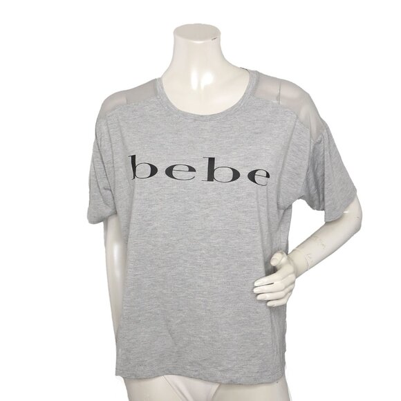 Bebe Sport Logo Boxy T-Shirt Mesh Shoulder Stretch Top Retro Grey Black Casual - Picture 2 of 9